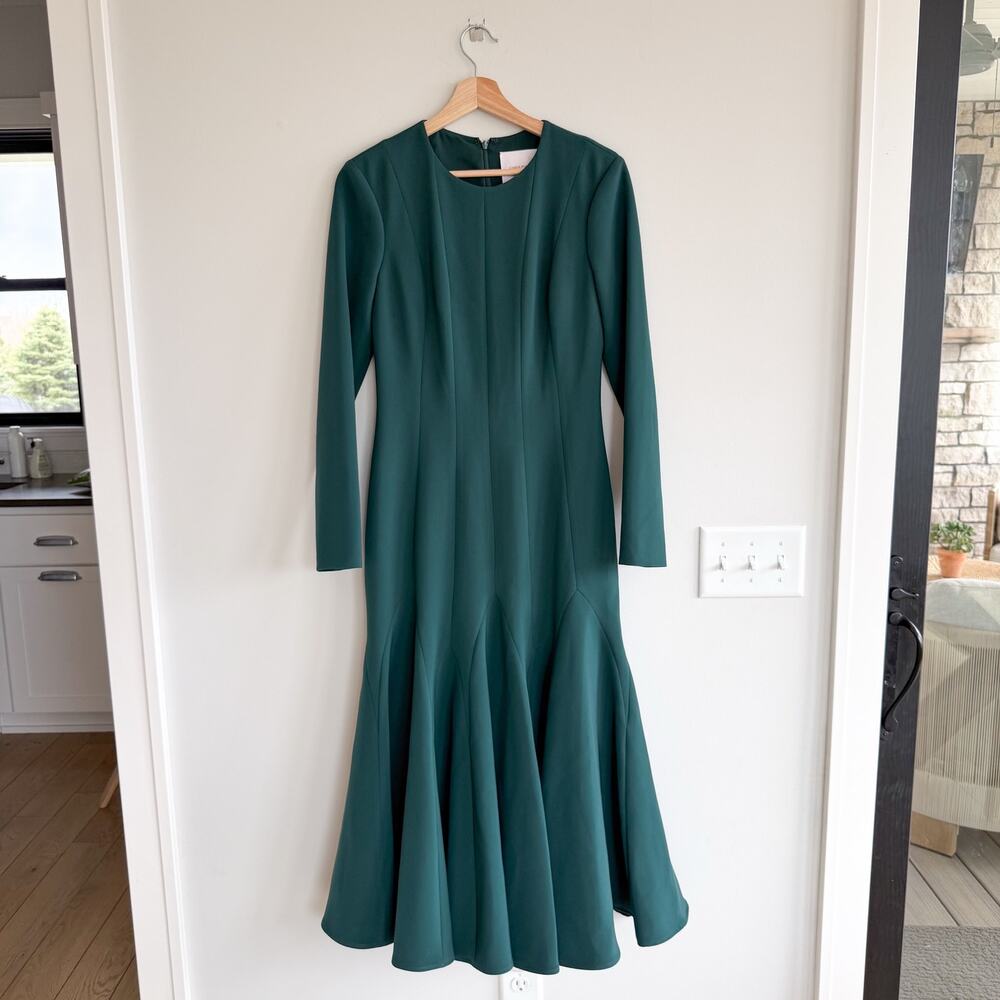 Carolina Herrera Crepe Pleated Midi Cocktail Dress Pine Green - Picture 3 of 12